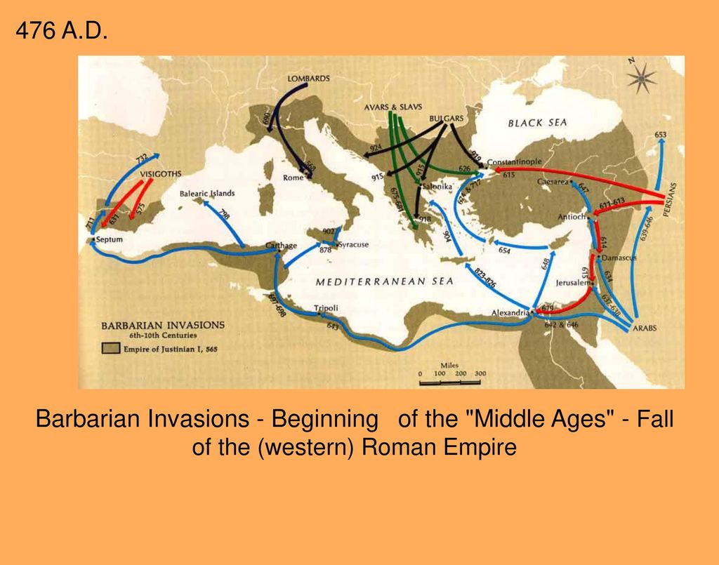 476 A.D. Barbarian Invasions - Beginning of the Middle Ages - Fall of the (western) Roman Empire