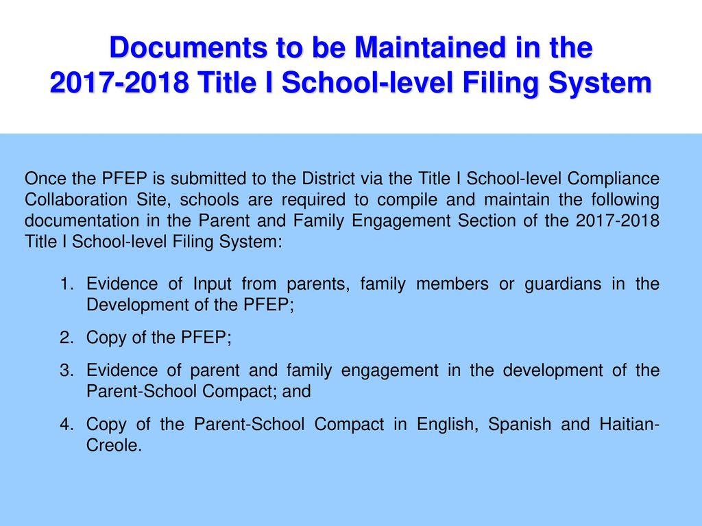 Documents to be Maintained in the Title I School-level Filing System