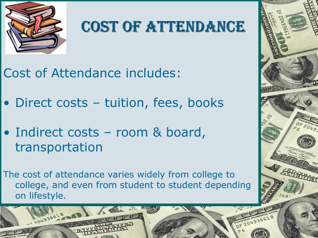 Cost of Attendance includes: Direct costs – tuition, fees, books