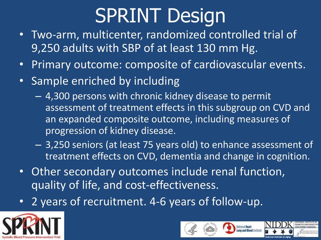SPRINT Design Two-arm, multicenter, randomized controlled trial of 9,250 adults with SBP of at least 130 mm Hg.