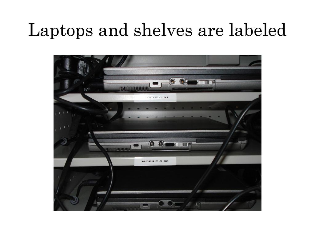Laptops and shelves are labeled