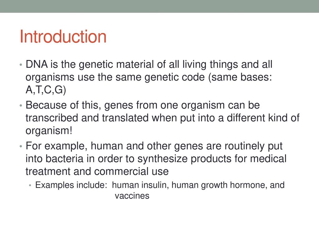 Introduction DNA is the genetic material of all living things and all organisms use the same genetic code (same bases: A,T,C,G)