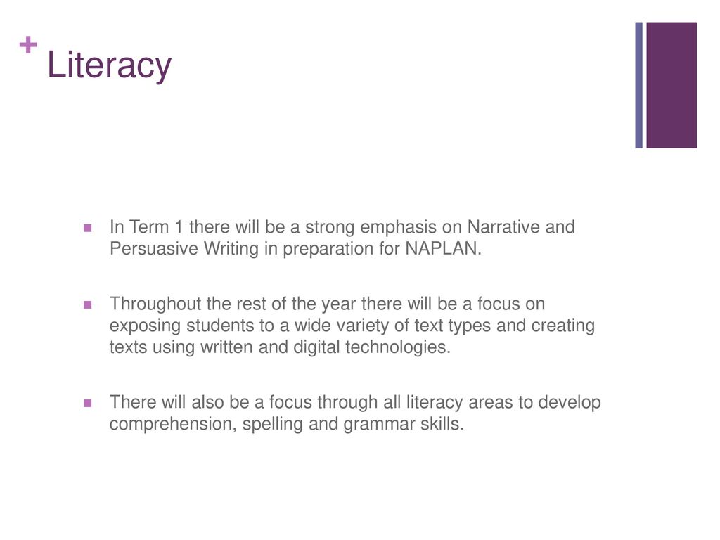 Literacy In Term 1 there will be a strong emphasis on Narrative and Persuasive Writing in preparation for NAPLAN.