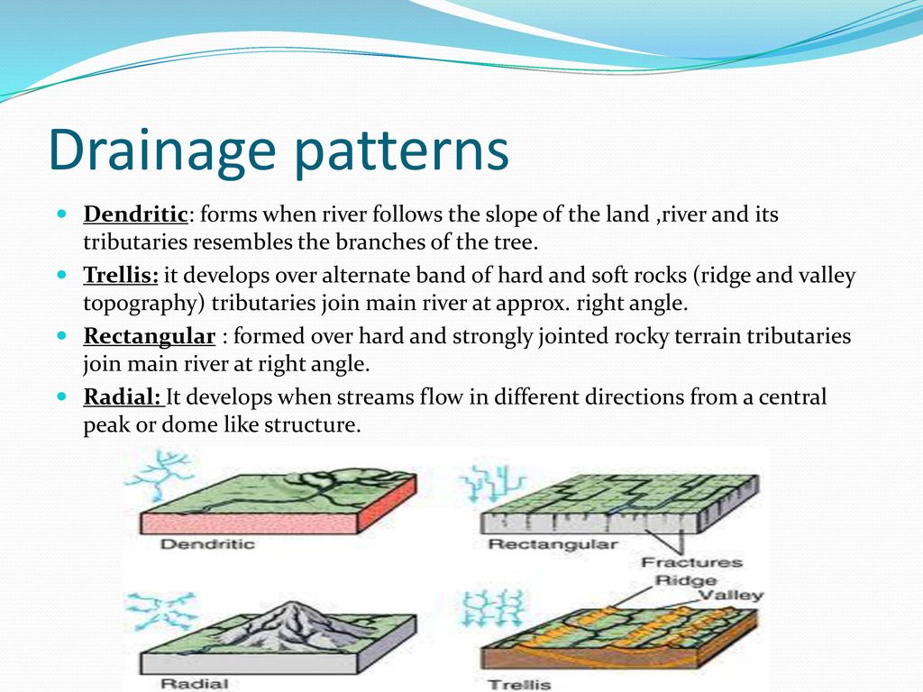 Drainage patterns Dendritic: forms when river follows the slope of the land ,river and its tributaries resembles the branches of the tree.