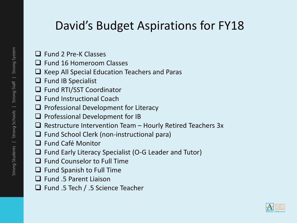David’s Budget Aspirations for FY18