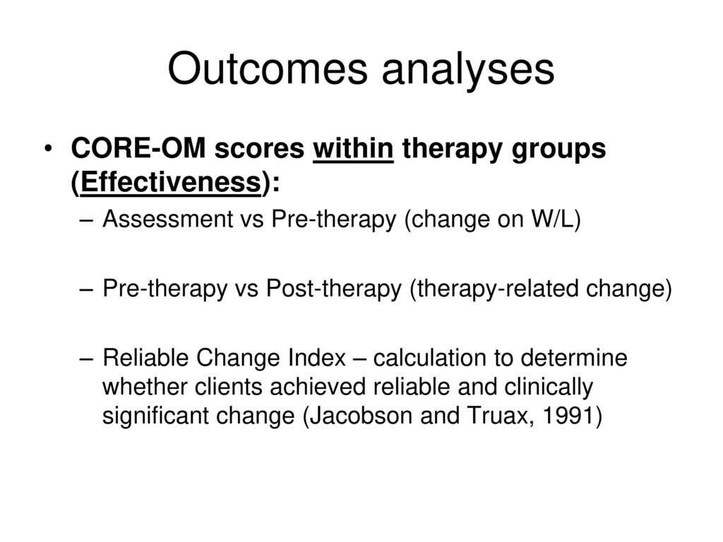 Outcomes analyses CORE-OM scores within therapy groups (Effectiveness): Assessment vs Pre-therapy (change on W/L)