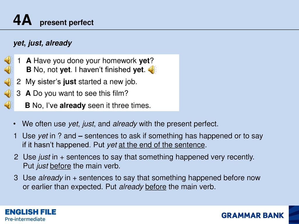 4A present perfect yet, just, already