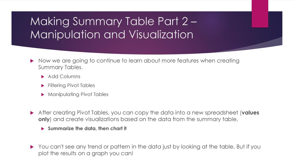 Making Summary Table Part 2 – Manipulation and Visualization