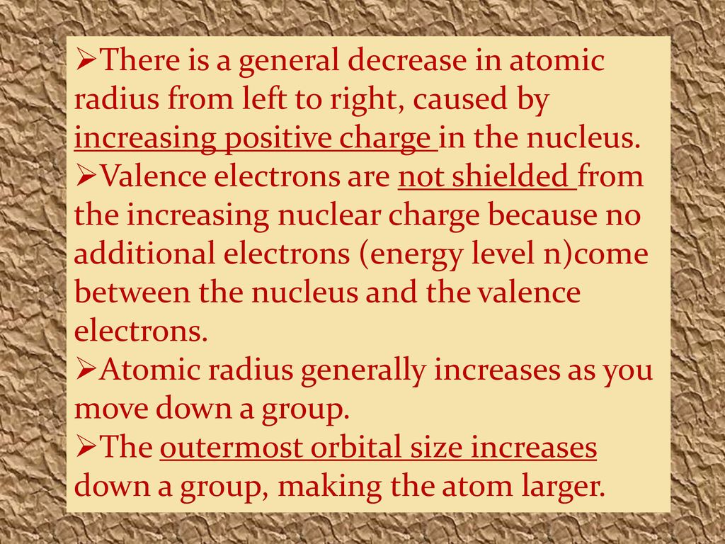 There is a general decrease in atomic radius from left to right, caused by increasing positive charge in the nucleus.