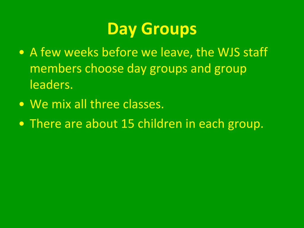 Day Groups A few weeks before we leave, the WJS staff members choose day groups and group leaders. We mix all three classes.