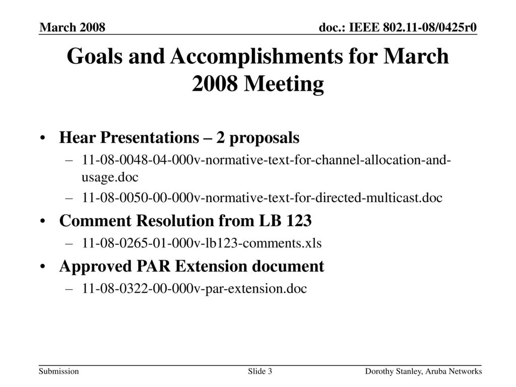 Goals and Accomplishments for March 2008 Meeting