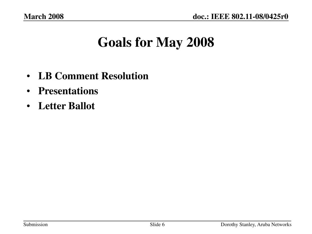 Goals for May 2008 LB Comment Resolution Presentations Letter Ballot