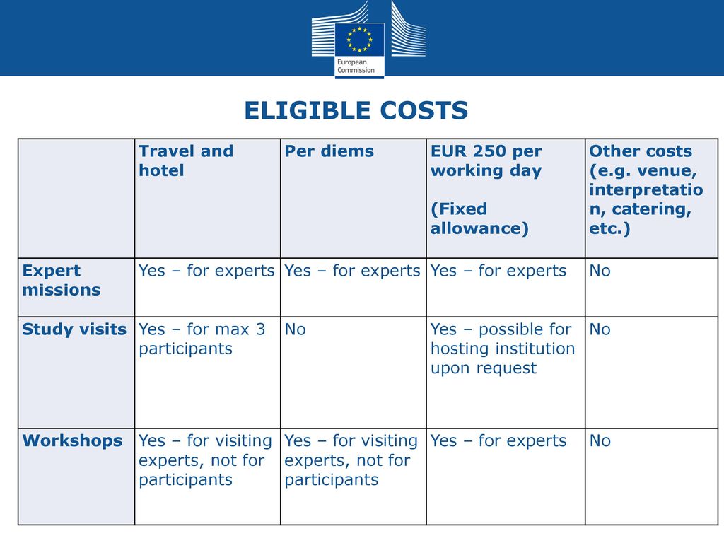 ELIGIBLE COSTS Travel and hotel Per diems EUR 250 per working day