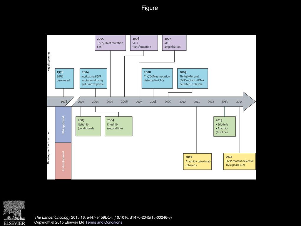 Figure Timeline in understanding the biology and therapeutic targeting of EGFR-mutant lung cancer.