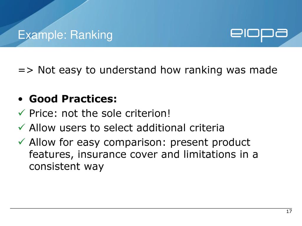 Example: Ranking => Not easy to understand how ranking was made