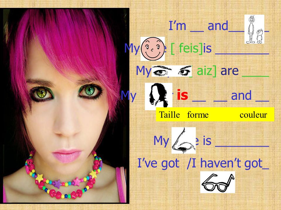 My face [ feis]is ________ My eyes [ aiz] are ____