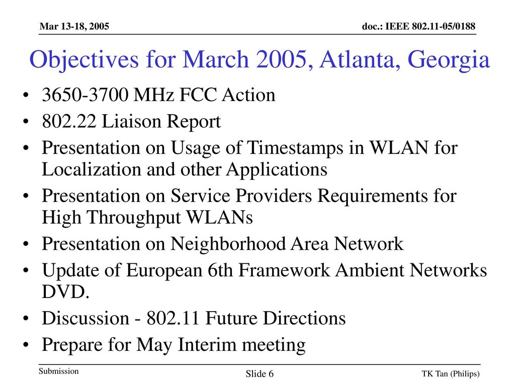 Objectives for March 2005, Atlanta, Georgia