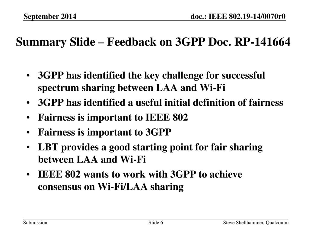 Summary Slide – Feedback on 3GPP Doc. RP