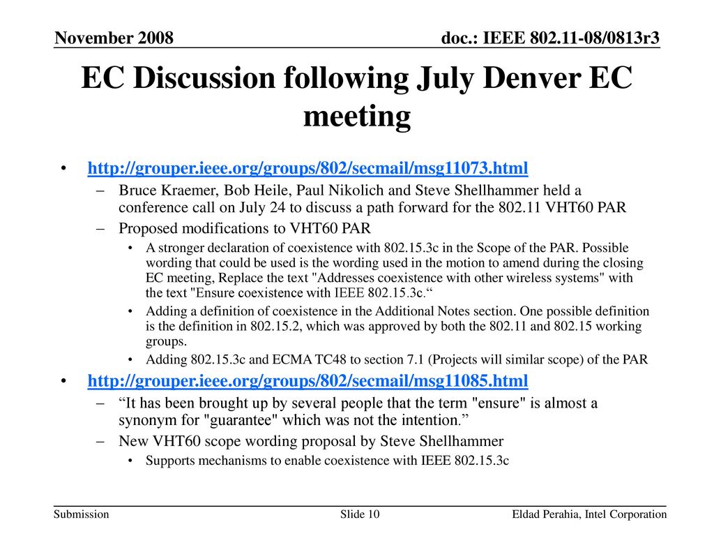 EC Discussion following July Denver EC meeting