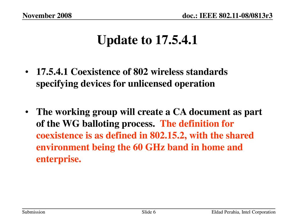 November 2008 Update to Coexistence of 802 wireless standards specifying devices for unlicensed operation.