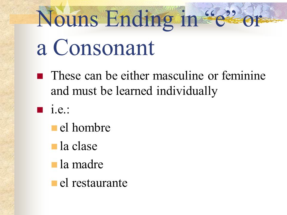 Nouns Ending in e or a Consonant