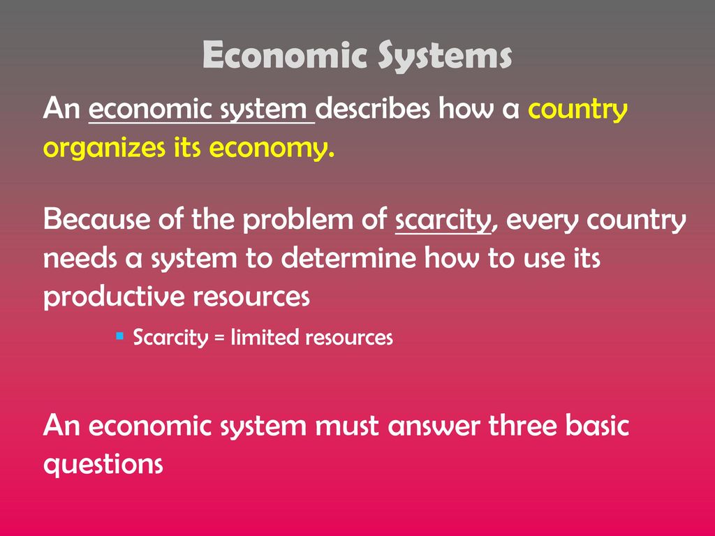 Economic Systems An economic system describes how a country organizes its economy.