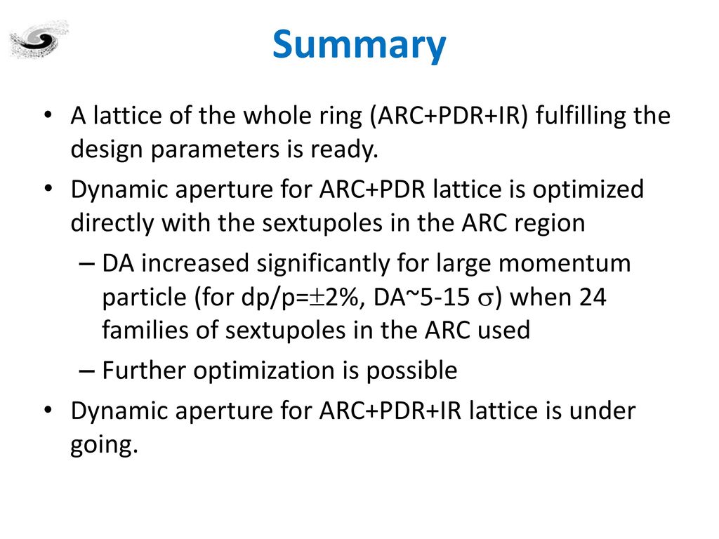 Summary A lattice of the whole ring (ARC+PDR+IR) fulfilling the design parameters is ready.