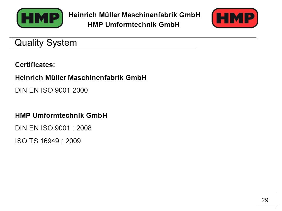 Quality System Certificates: Heinrich Müller Maschinenfabrik GmbH