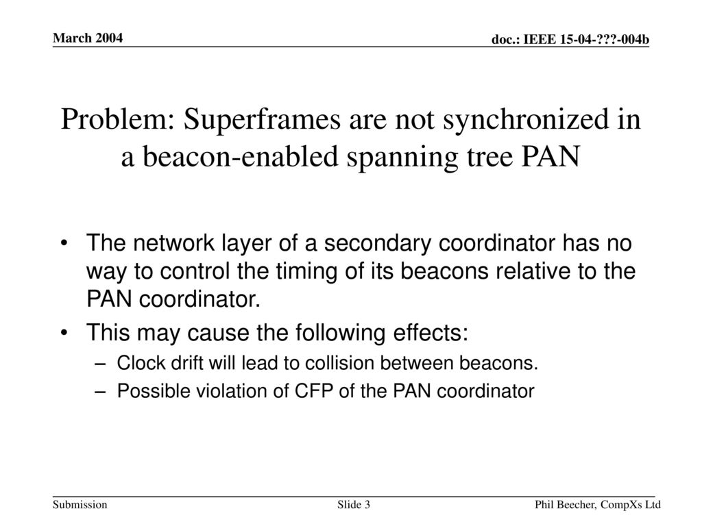 March 2004 Problem: Superframes are not synchronized in a beacon-enabled spanning tree PAN.