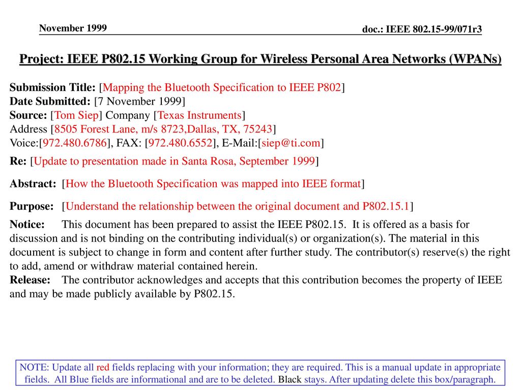 November 1999 Project: IEEE P Working Group for Wireless Personal Area Networks (WPANs)
