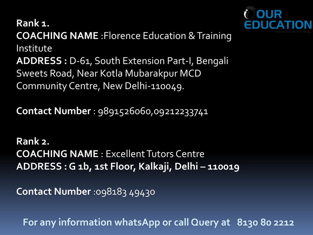 Rank 1. COACHING NAME :Florence Education & Training Institute.