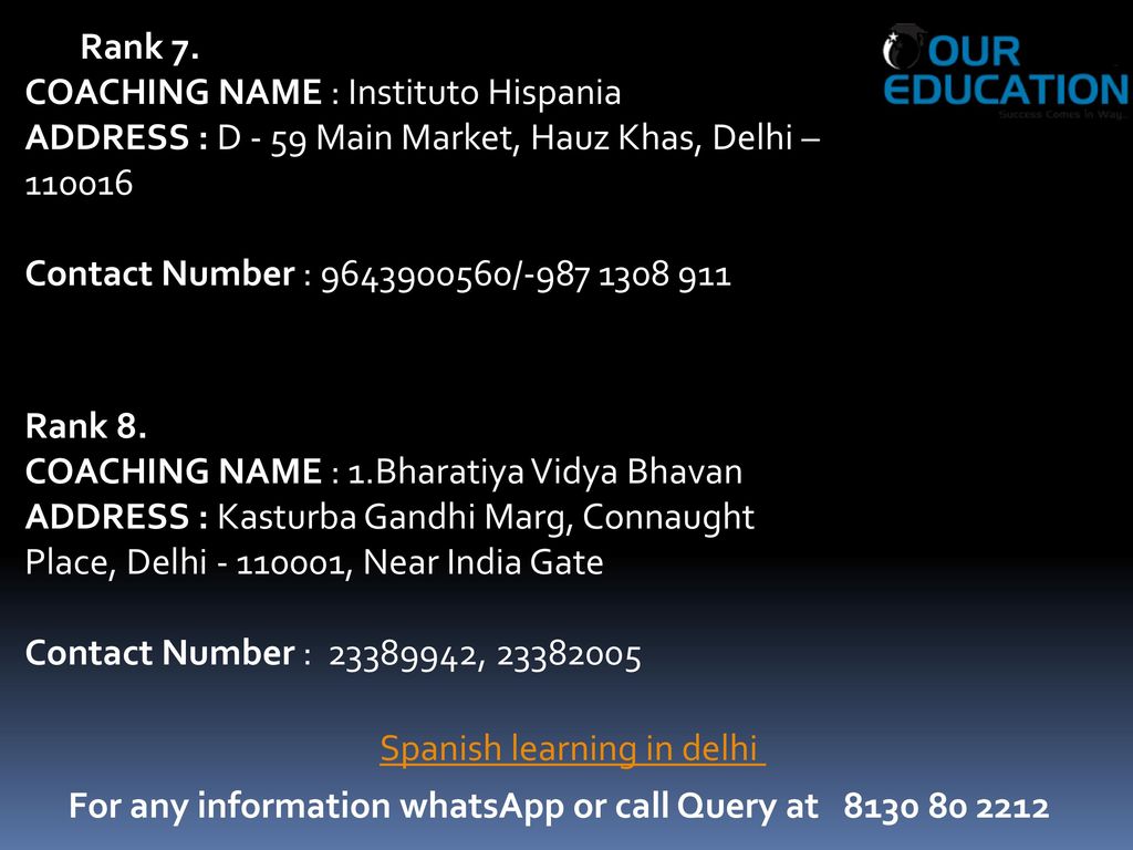 Rank 7. COACHING NAME : Instituto Hispania. ADDRESS : D - 59 Main Market, Hauz Khas, Delhi –