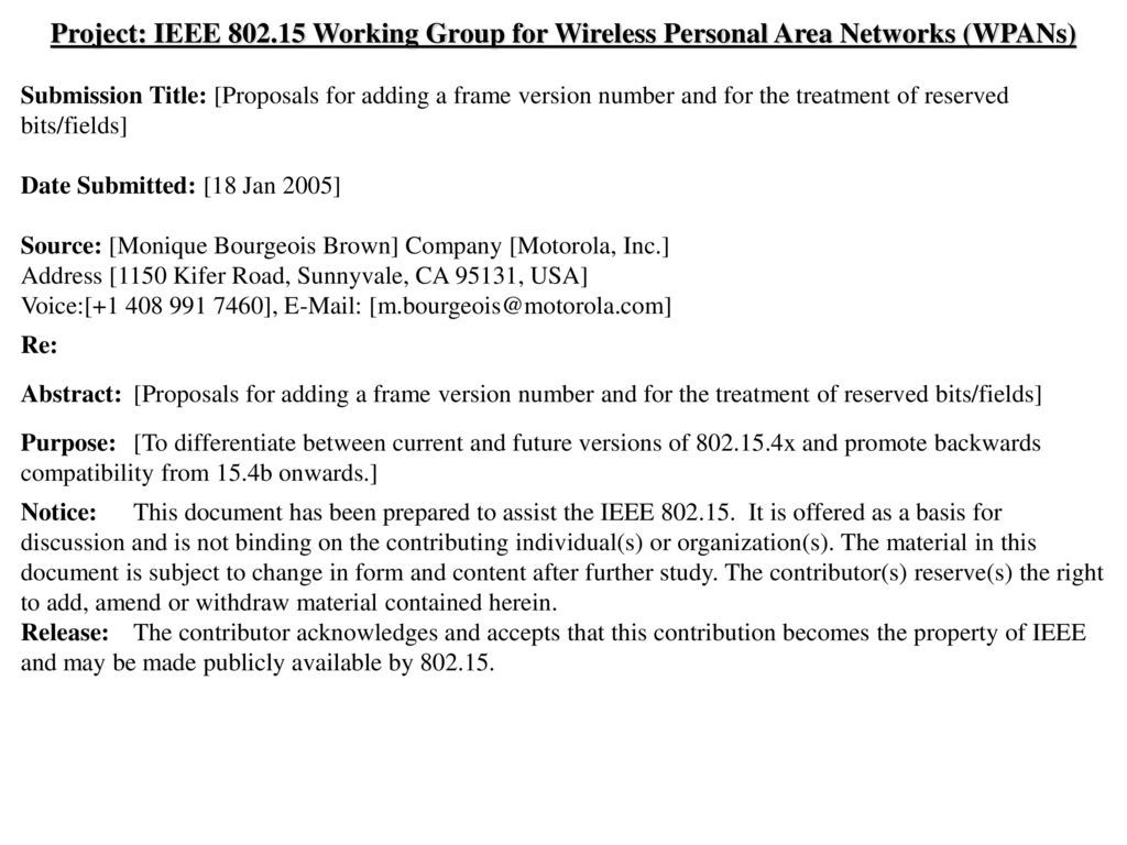 Project: IEEE Working Group for Wireless Personal Area Networks (WPANs)
