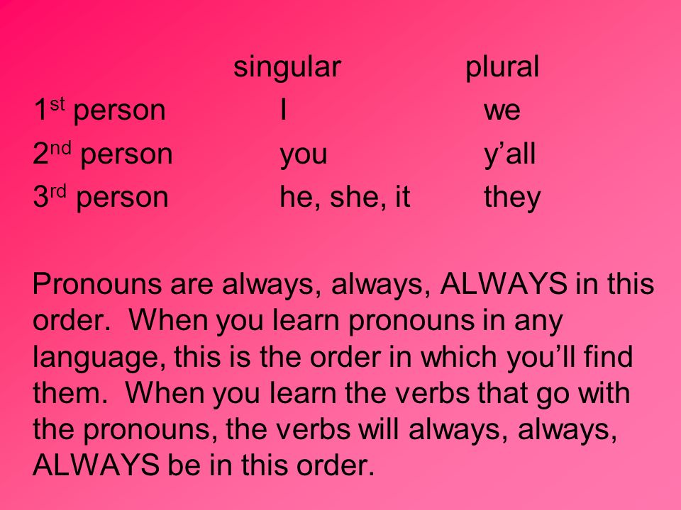 singular plural 1st person I we. 2nd person you y’all. 3rd person he, she, it they.
