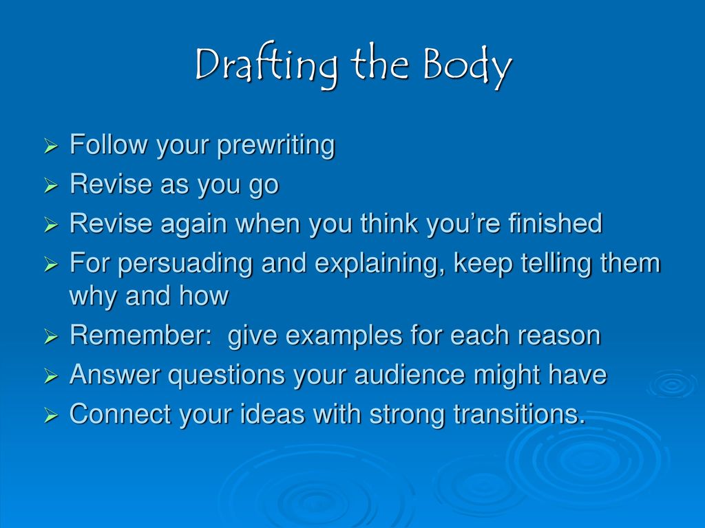 Drafting the Body Follow your prewriting Revise as you go