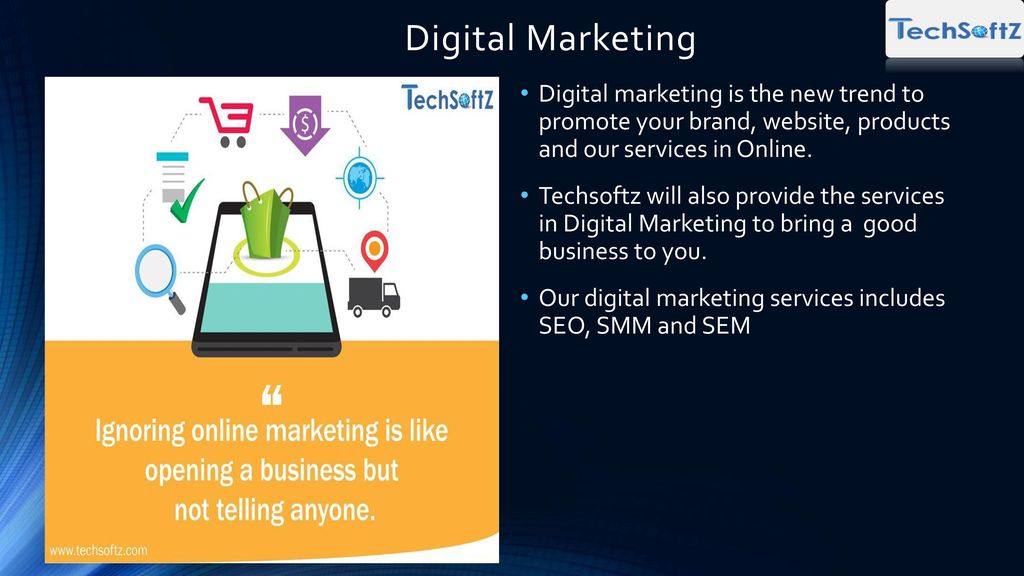 Digital Marketing Digital marketing is the new trend to promote your brand, website, products and our services in Online.