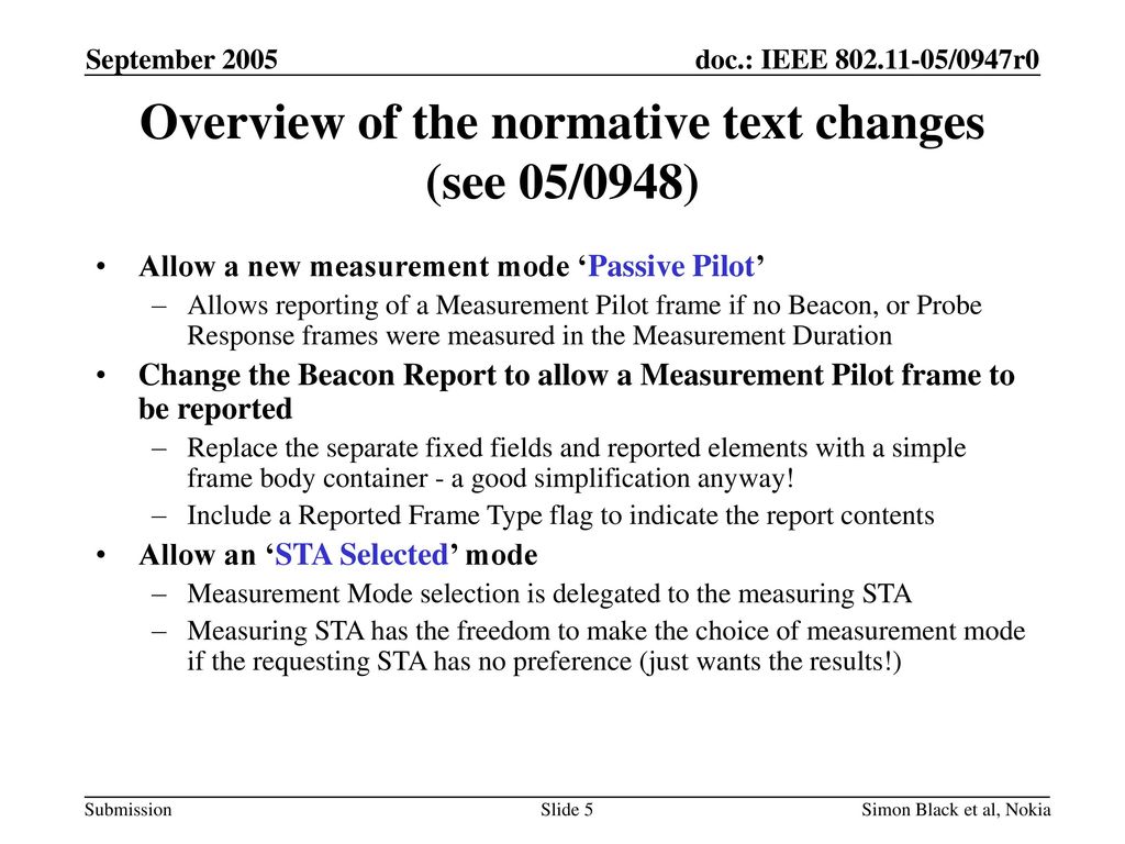 Overview of the normative text changes (see 05/0948)