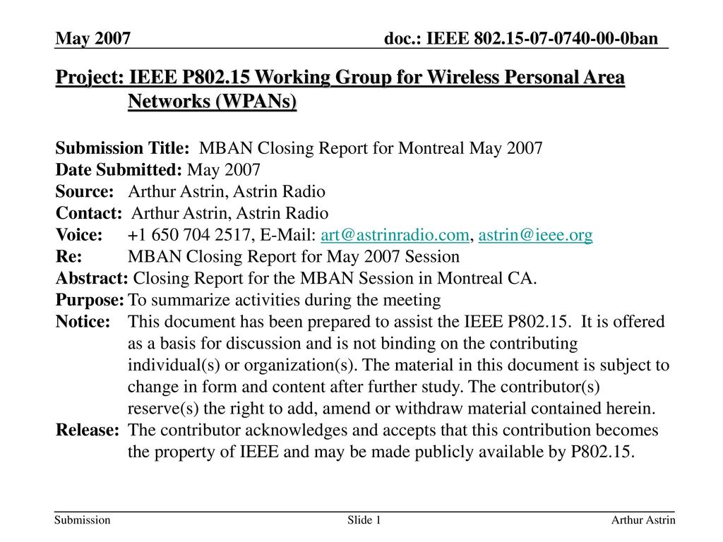 May 2007 Project: IEEE P Working Group for Wireless Personal Area Networks (WPANs)