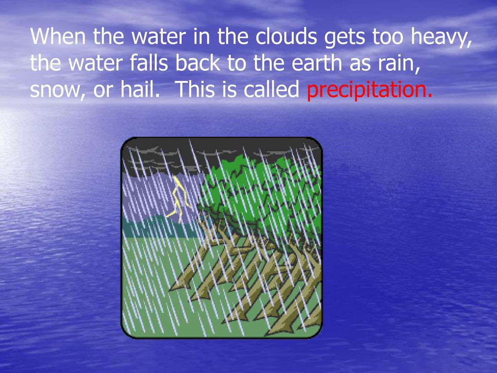 When the water in the clouds gets too heavy, the water falls back to the earth as rain, snow, or hail.