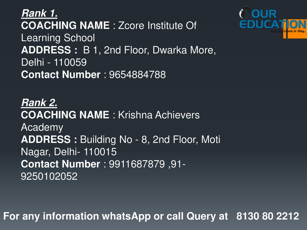 Rank 1. COACHING NAME : Zcore Institute Of Learning School. ADDRESS : B 1, 2nd Floor, Dwarka More, Delhi