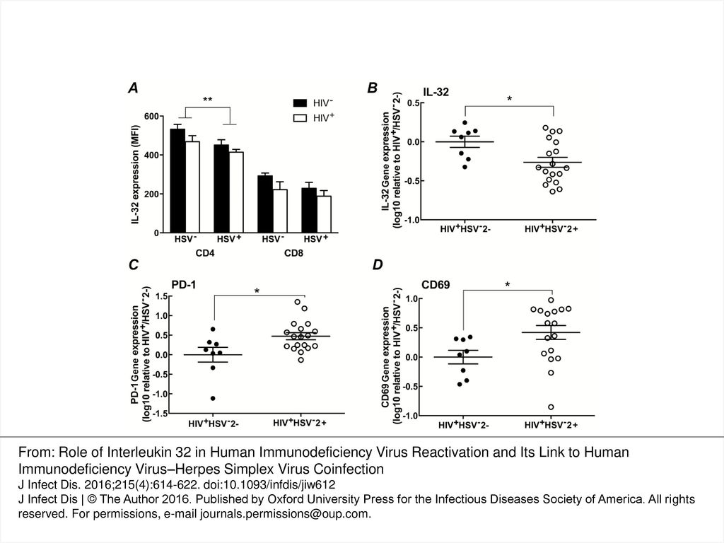 Figure 4. Herpes simplex virus type 2 (HSV-2) infection was associated with a decrease in interleukin 32 (IL-32) expression. A, Interleukin 32 expression was assessed by intracellular cytokine staining in CD4<sup>+</sup> and CD8<sup>+</sup> T cells isolated from women in all 4 groups (HIV<sup>−</sup>/HSV-2<sup>−</sup>: n = 9; HIV<sup>−</sup>/HSV-2<sup>+</sup>: n = 8; HIV<sup>+</sup>/HSV-2<sup>−</sup>: n = 9; HIV<sup>+</sup>/HSV-2<sup>+</sup>: n = 14) and compared using a 2-way analysis of variance. Results are presented as mean fluorescence intensity (MFI) + SEM; ** P = .007 comparing HSV-2<sup>+</sup> versus HSV-2<sup>−</sup> subjects. B–D, RNA was extracted from CD4<sup>+</sup> T cells, converted to complementary DNA, and analyzed by real-time quantitative polymerase chain reaction for IL-32, PD-1, and CD69 expression. Each symbol represents the gene expression of an individual subject relative to the HIV<sup>+</sup>/HSV-2<sup>−</sup> mean, and the line indicates the mean for the group; *P < .05, by unpaired t test, comparing HIV<sup>+</sup>/HSV-2<sup>+</sup> versus HIV<sup>+</sup>/HSV-2<sup>−</sup>.