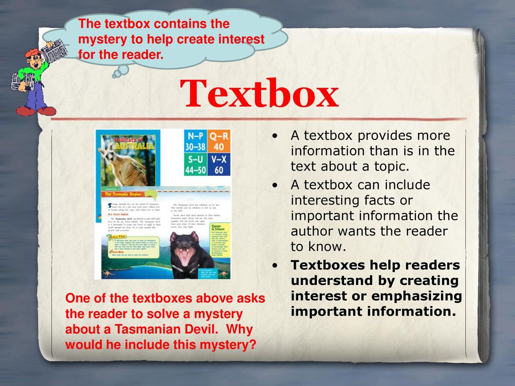 The textbox contains the mystery to help create interest for the reader.