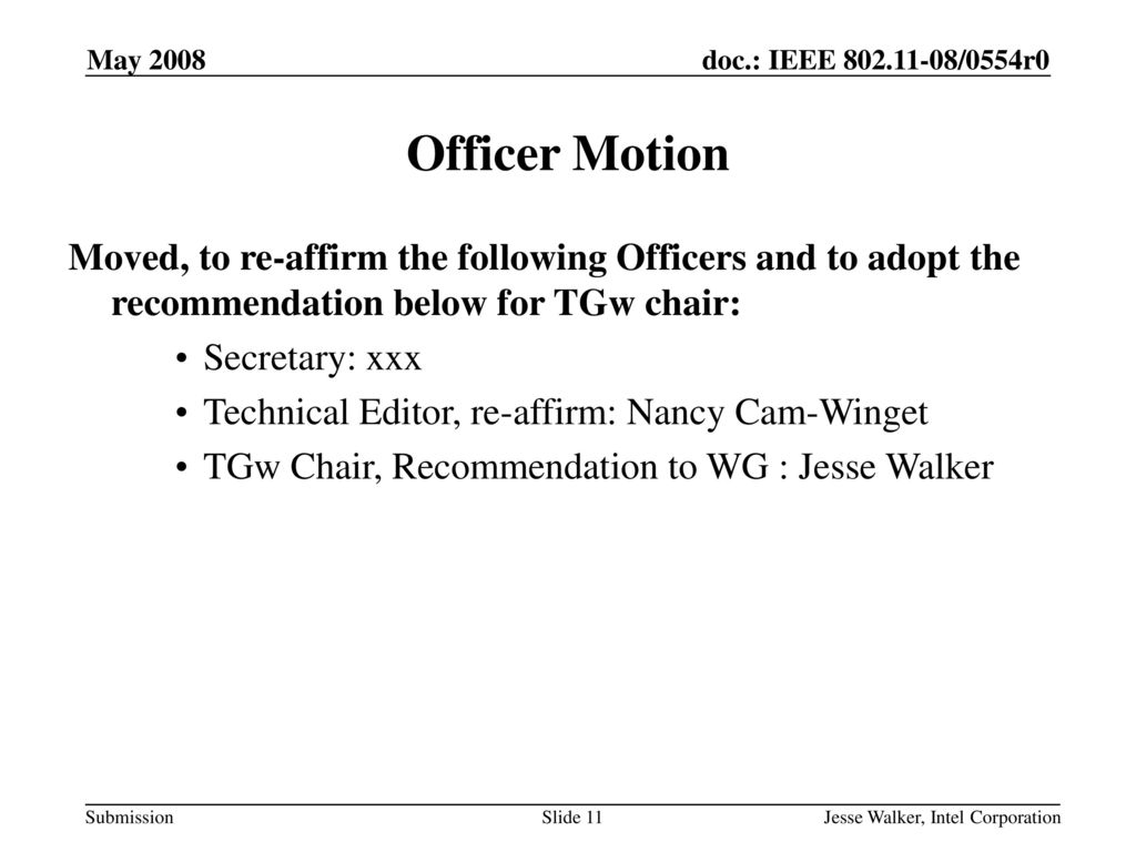 May 2008 Officer Motion. Moved, to re-affirm the following Officers and to adopt the recommendation below for TGw chair: