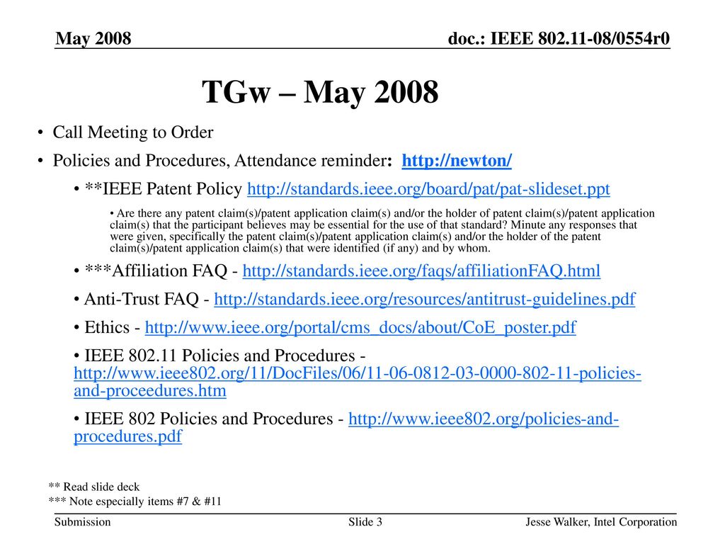 TGw – May 2008 May 2008 Call Meeting to Order
