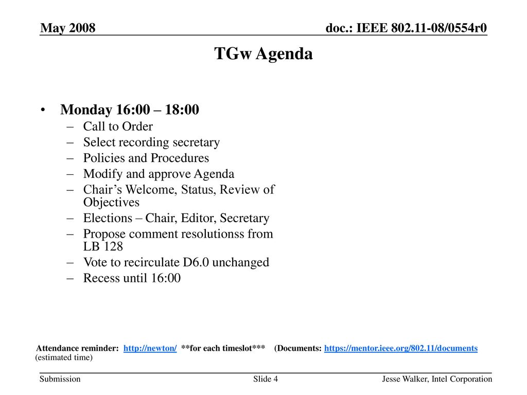 TGw Agenda Monday 16:00 – 18:00 May 2008 Call to Order