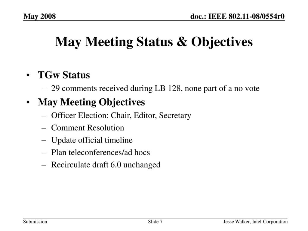 May Meeting Status & Objectives
