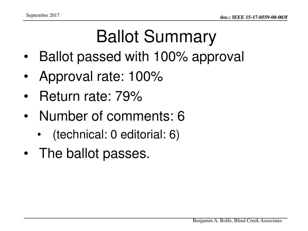 Ballot Summary Ballot passed with 100% approval Approval rate: 100%