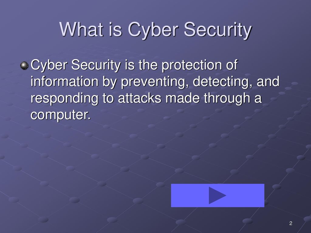 What is Cyber Security Cyber Security is the protection of information by preventing, detecting, and responding to attacks made through a computer.