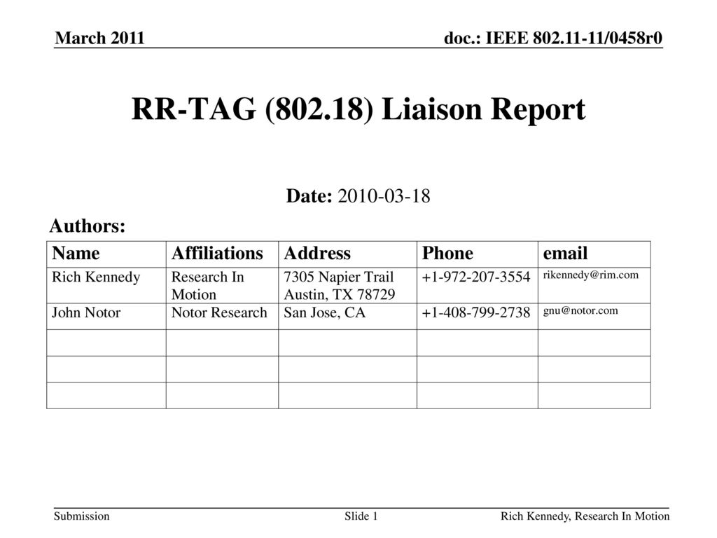 RR-TAG (802.18) Liaison Report