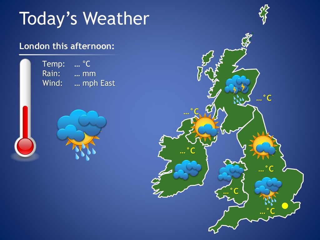 Today’s Weather London this afternoon: Temp: … °C Rain: … mm